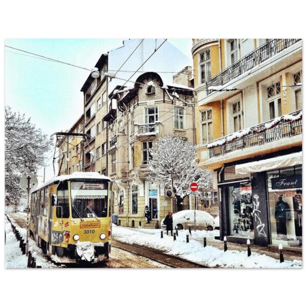 Yellow tram in snowy Sofia